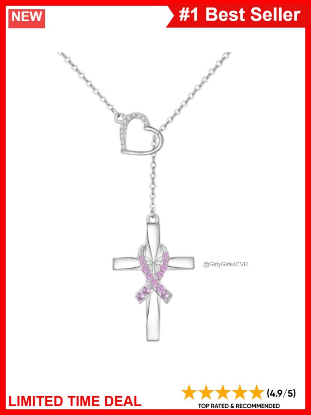 925 Sterling Silver Cross Y Necklace Pink Ribbon Pendant Breast Cancer Awareness